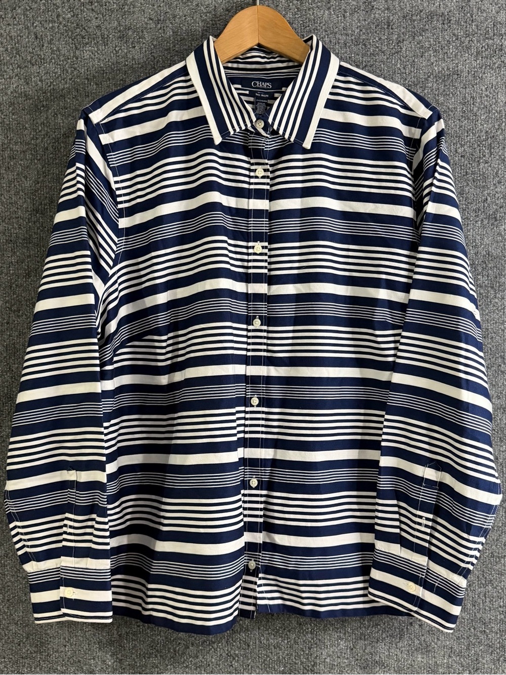 Chaps Womens 2X Shirt Button Down No Iron Navy Blue White Striped Long Sleeve